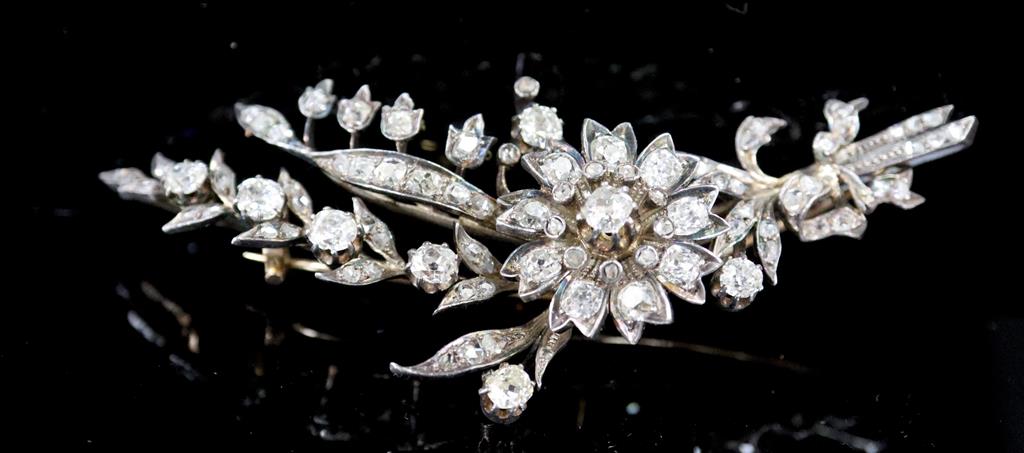 A Victorian gold, silver, old mine and rose cut diamond set foliate spray brooch,